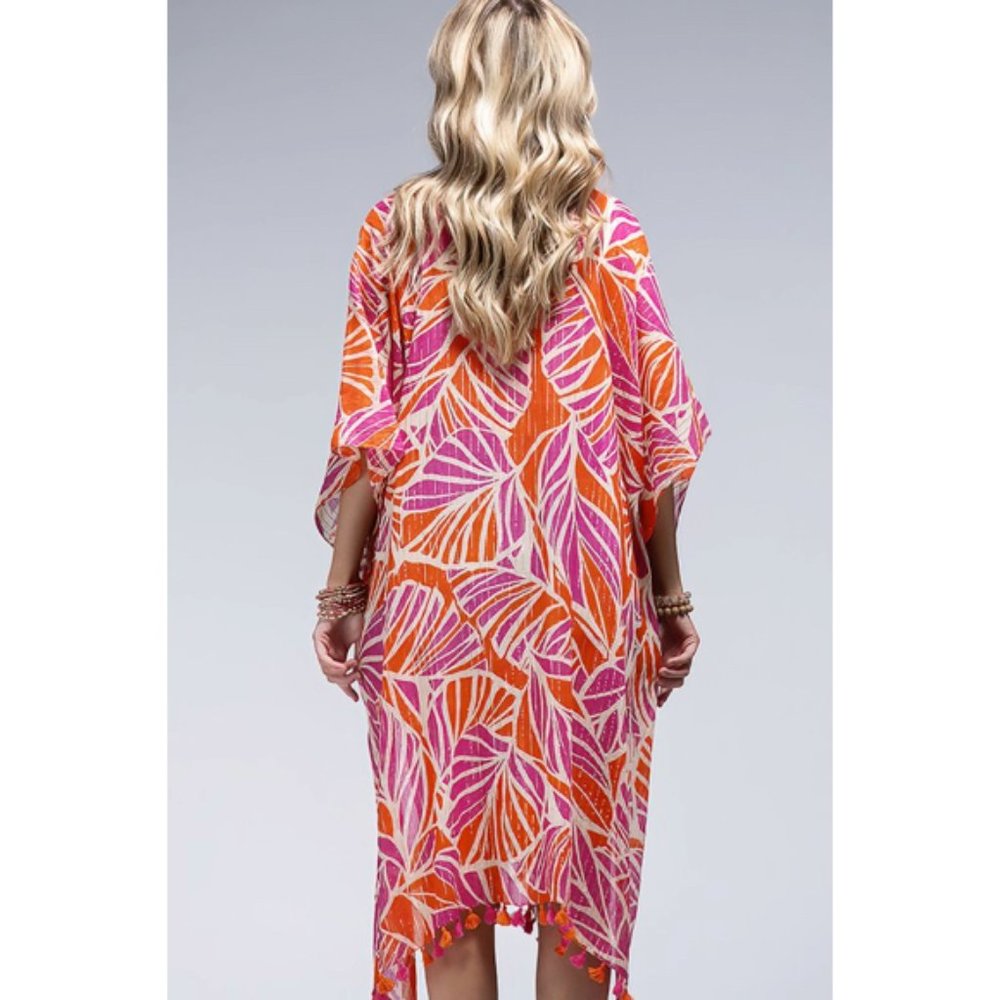 Chelsea Metallic Stripe Palm Leaf Tropical Coverup Open Wrap Kimono Top One Size - Picture 2 of 7